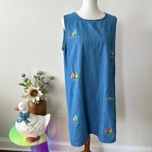 Vintage Sailboat Embroidered Denim Dress